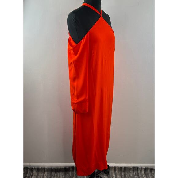 & Other Stories Orange Red Halter Midi Dress Cold Off-Shoulder Pullover Size 8 - Picture 6 of 11